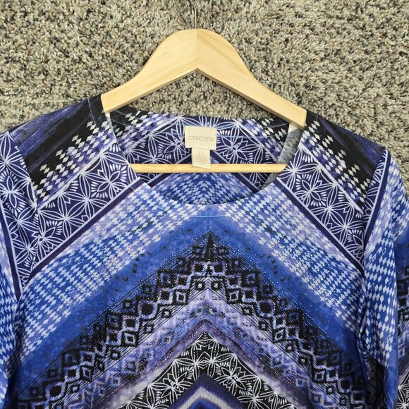 Chicos Top Womens 0 US Small Blue Scoop Neck Embellished 3/4 Sleeve Tee Casual - Picture 4 of 7